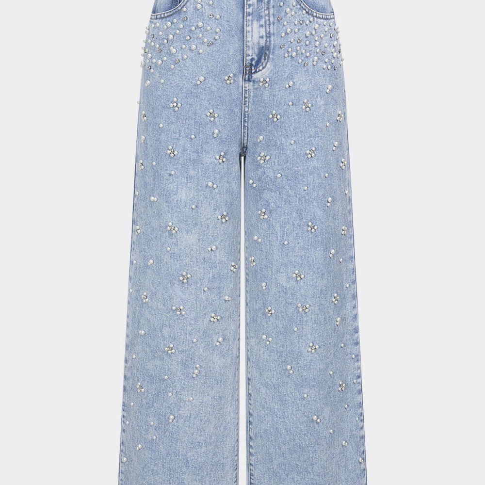 Pearl-Embellished Light Blue Wide Leg Jeans size M